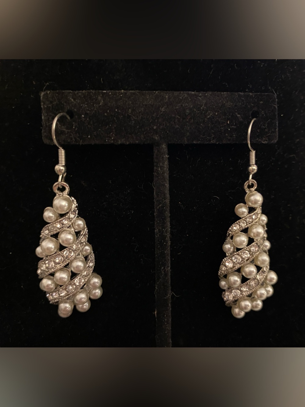 David's Bridal Silver-Tone Pearl and Rhinestone Spiral Drop Earrings